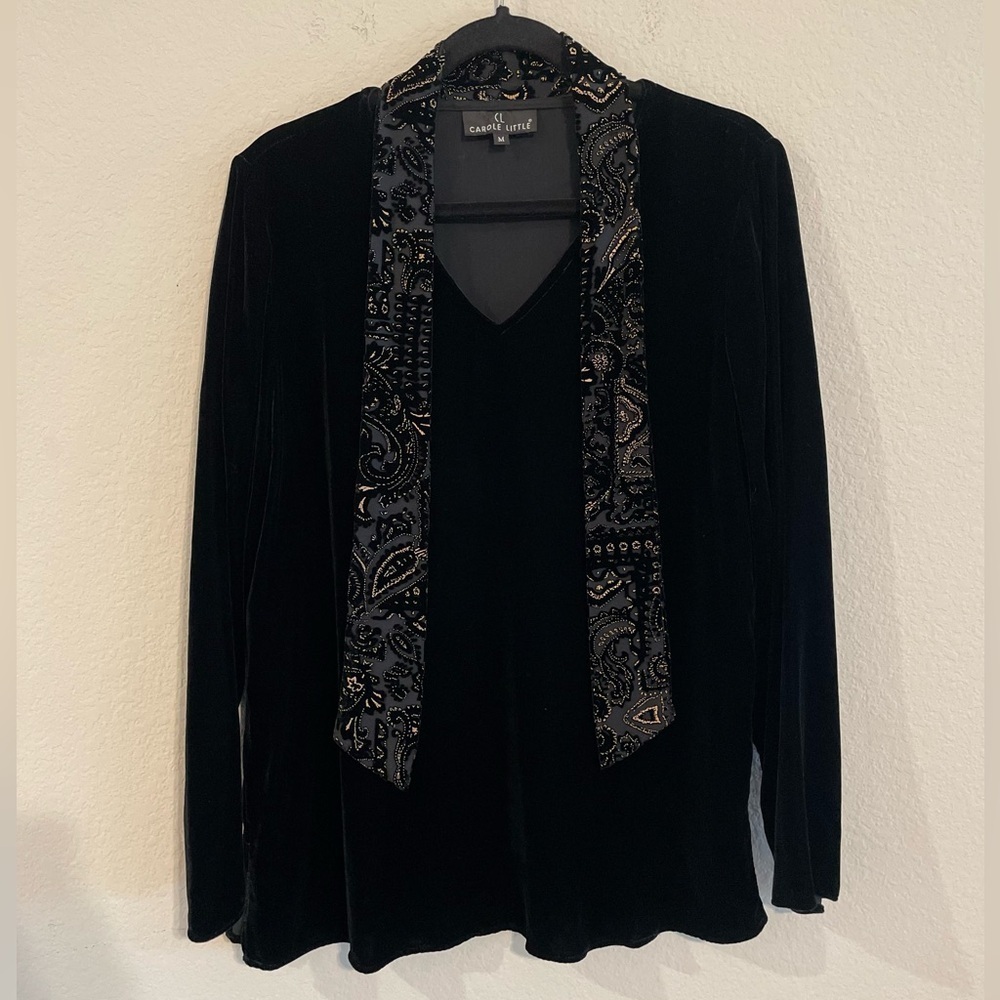 Carole Little Women’s Tunic Shirt Medium Black Silk Velvet Velour Floral Paisley
